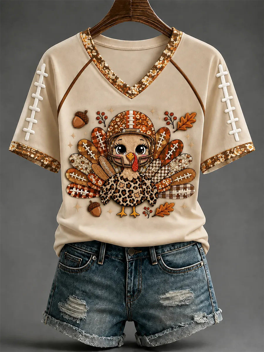 Women's Fun Turkey Rugby V-neck Off-shoulder Short-sleeved T-shirt