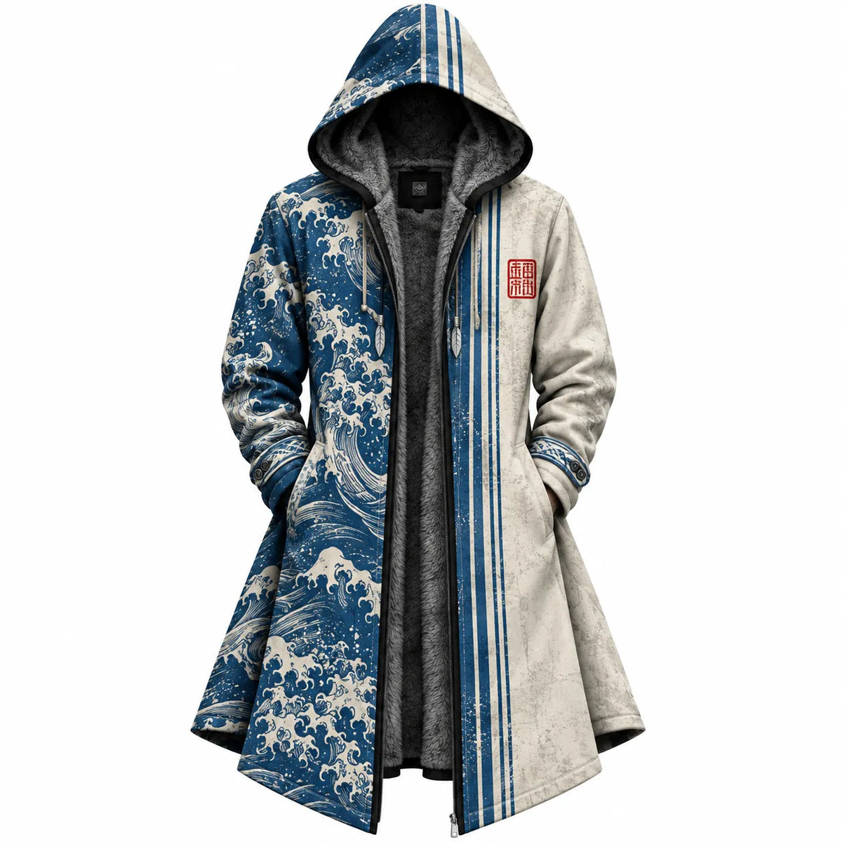 Blue White Japanese Wave Zip-Up Hooded Jacket