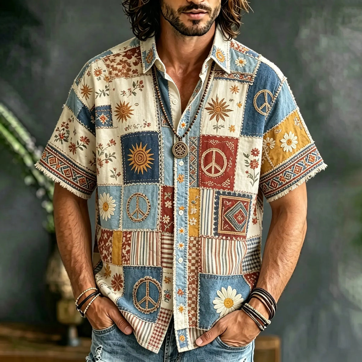 Men's Retro Ethnic Floral Mosaic Print Short Sleeve Buttons Shirt