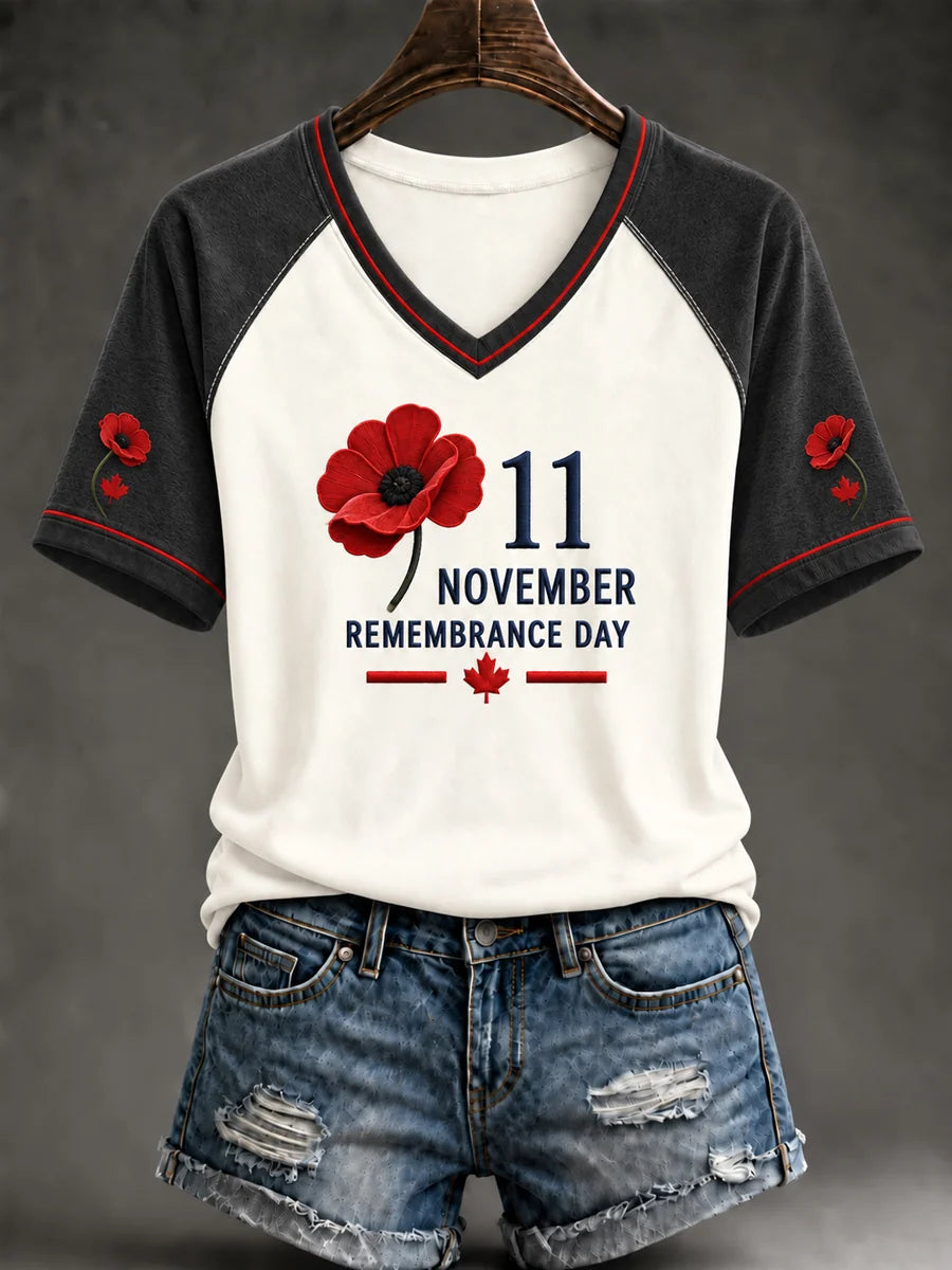 Women's Lest We Forget Canada Remembrance Day Print V-neck Short Sleeve T-shirt