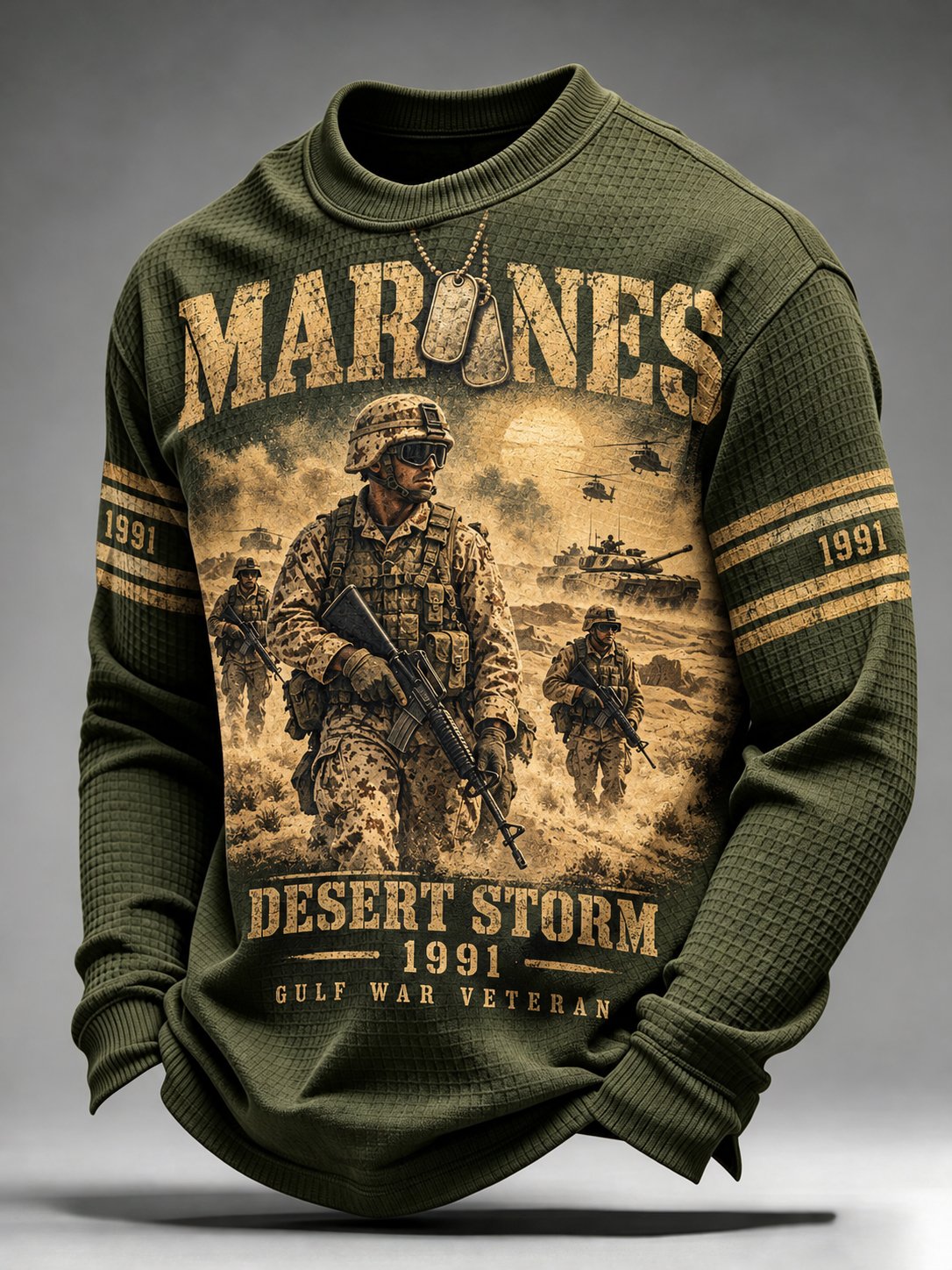 Men's Vintage Veterans Art Printed Waffle-Knit Top