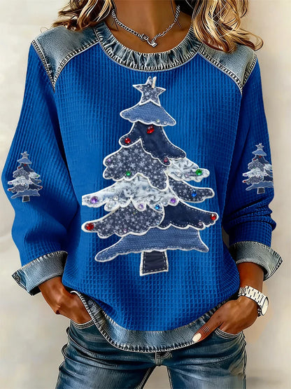Women's Casual Western Christmas Tree Waffle Sweatshirt