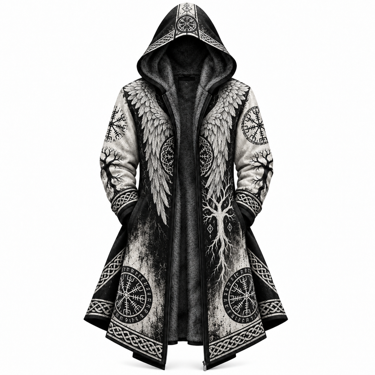 Black White Viking Winged Tree Zip-Up Hooded Jacket