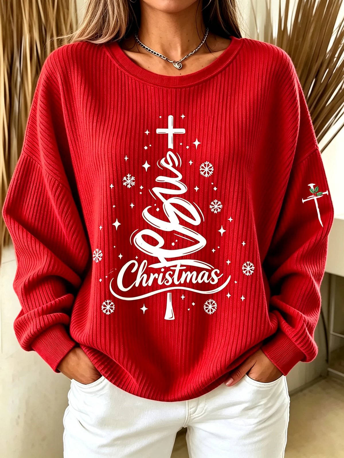 Women's Christmas Faith Print Long-Sleeve Knit Top