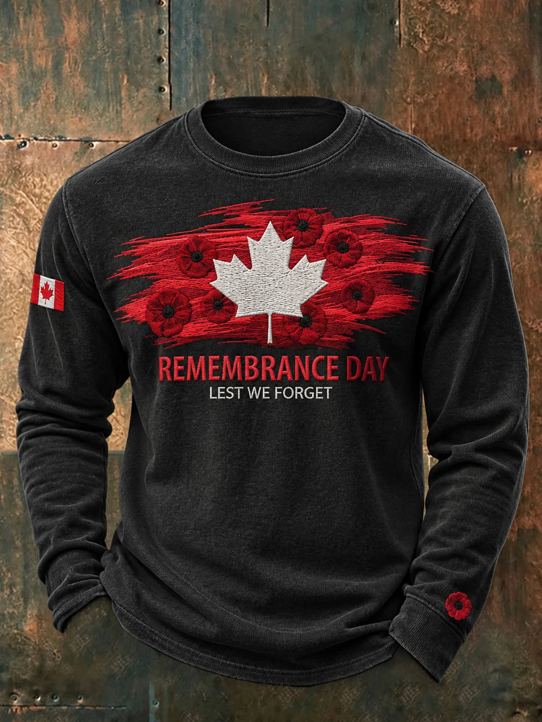 Men's Last We Forget Slogan Papaver Rhoeas Pattern Printed Long Sleeve Round Neck T-shirt