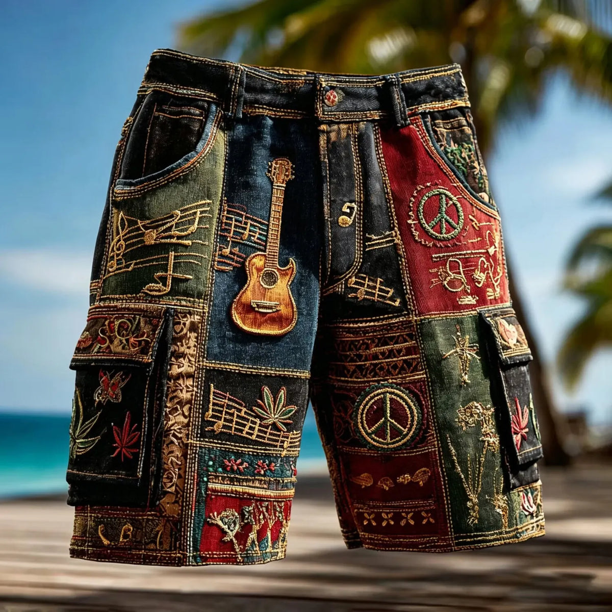 Men's Coastal Hippie Peace Guitar Music Print Cargo Shorts