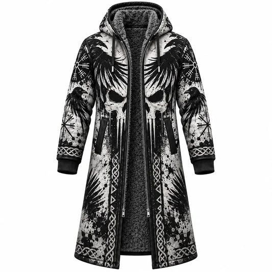 White Viking Raven Skull Fleece-Lined Long Coat