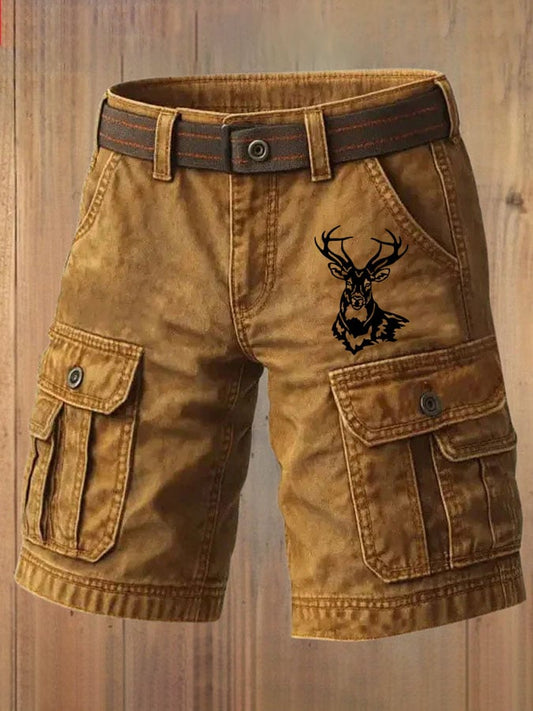 Men's Retro Western Elk Print Multi-Pocket Cargo Shorts