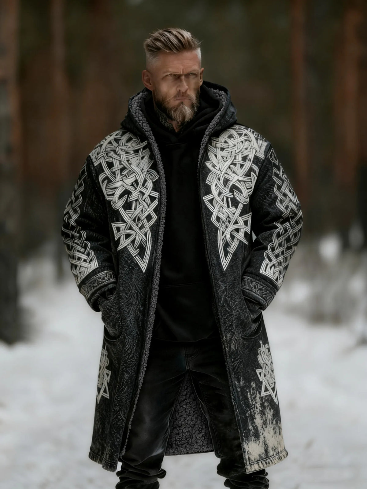 Men's Viking Dark Celtic Vintage Distressed Fleece-Lined Hooded Jacket