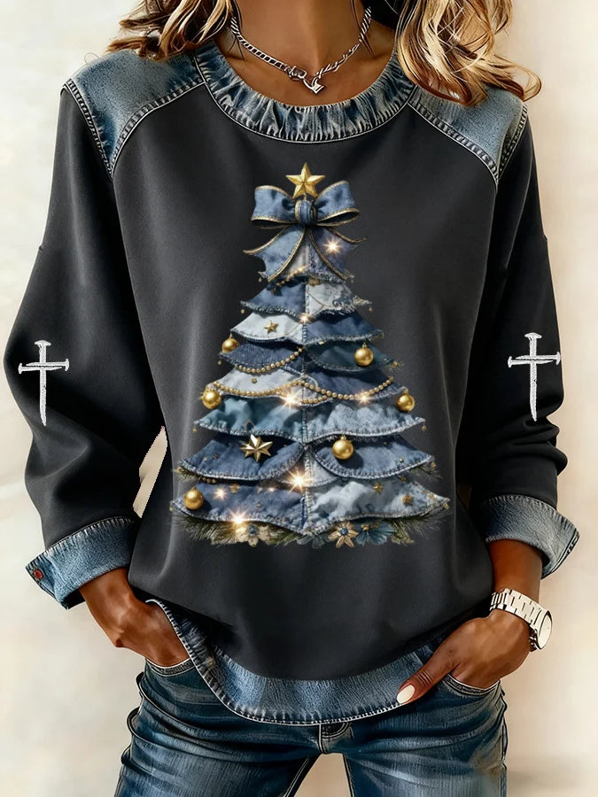 Women's Casual Denim Christmas Tree Print Sweatshirt