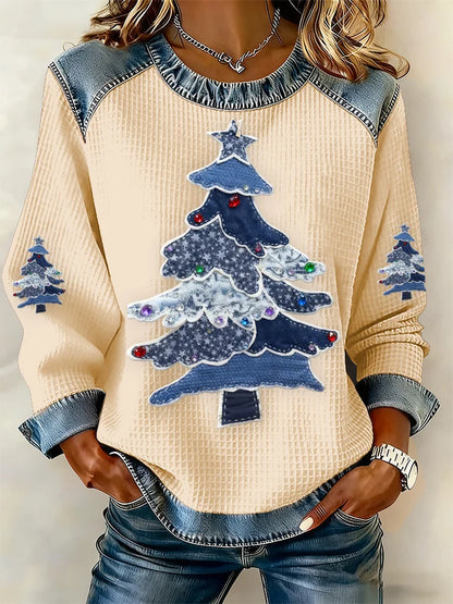 Women's Casual Western Christmas Tree Waffle Sweatshirt