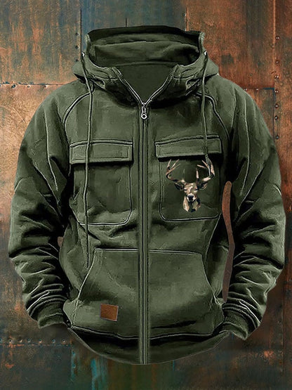 Men's Vintage Western Deer Print Multi-Pocket Jacket