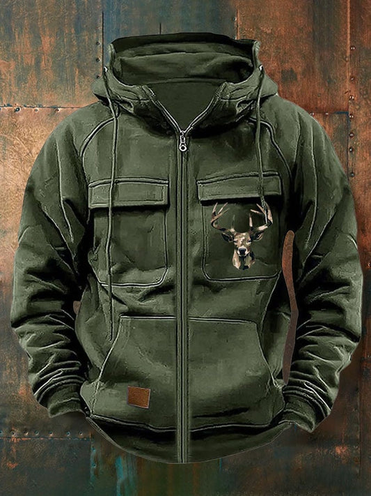Men's Vintage Western Deer Print Multi-Pocket Jacket