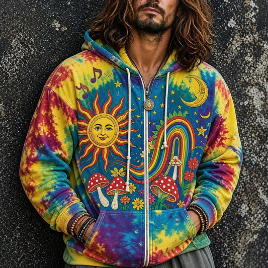 Men's Tie Dye Sun Moon Mushroom Print Zipper Hoodies