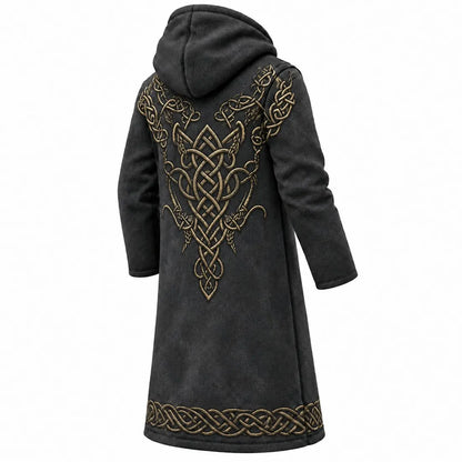Black Viking Gold Knotwork Fleece-Lined Long Coat