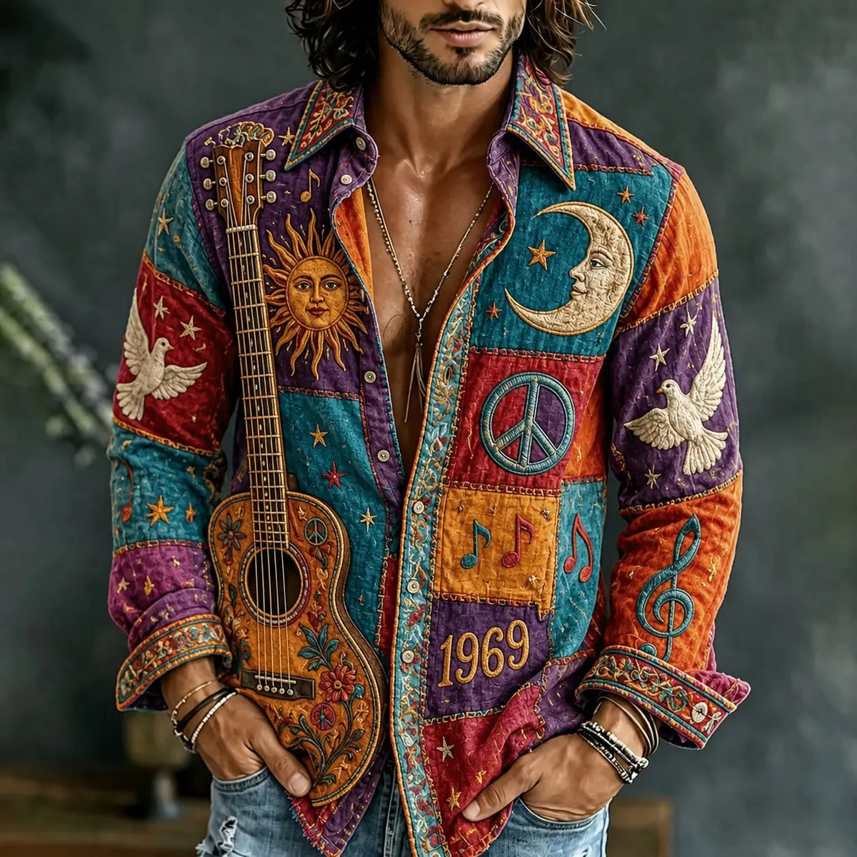 Men's Cosmic Music Theme Guitar Sun Moon Print Long Sleeve Shirt