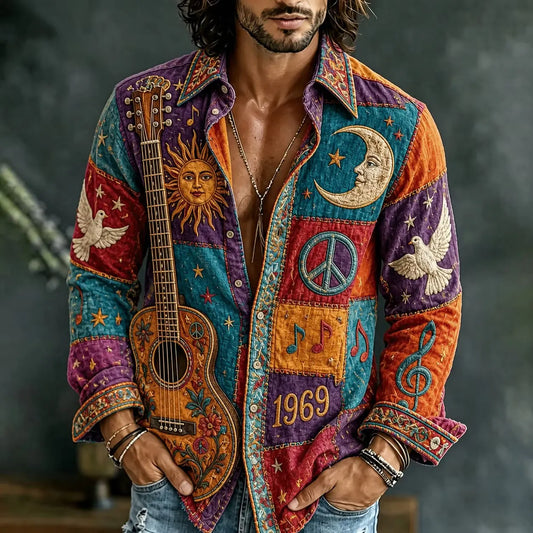 Men's Cosmic Music Theme Guitar Sun Moon Print Long Sleeve Shirt