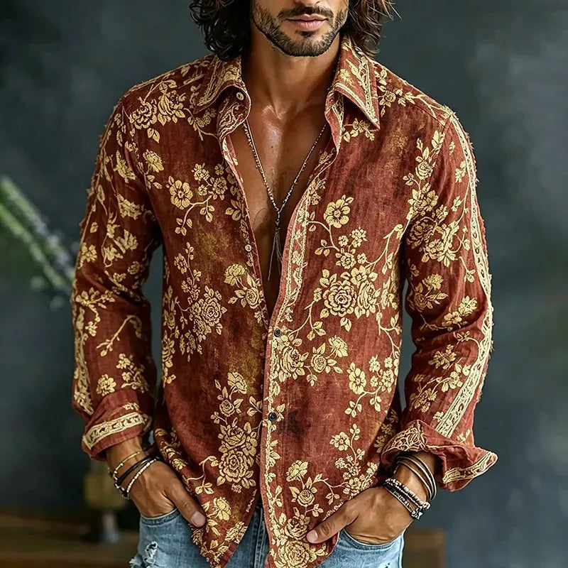 Men's Boho Western Style Vintage Floral Print Long Sleeve Shirt