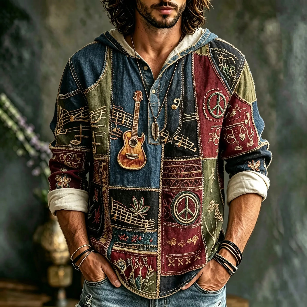 Men's Western Hippie Guitar Peace Symbol Print Hoodies