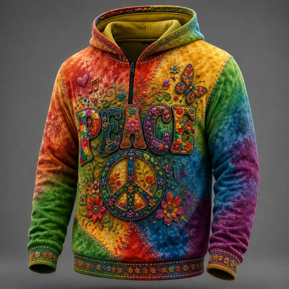 Men's Peace Butterfly Rainbow Bloom Gradient Print Zipper Hoodies