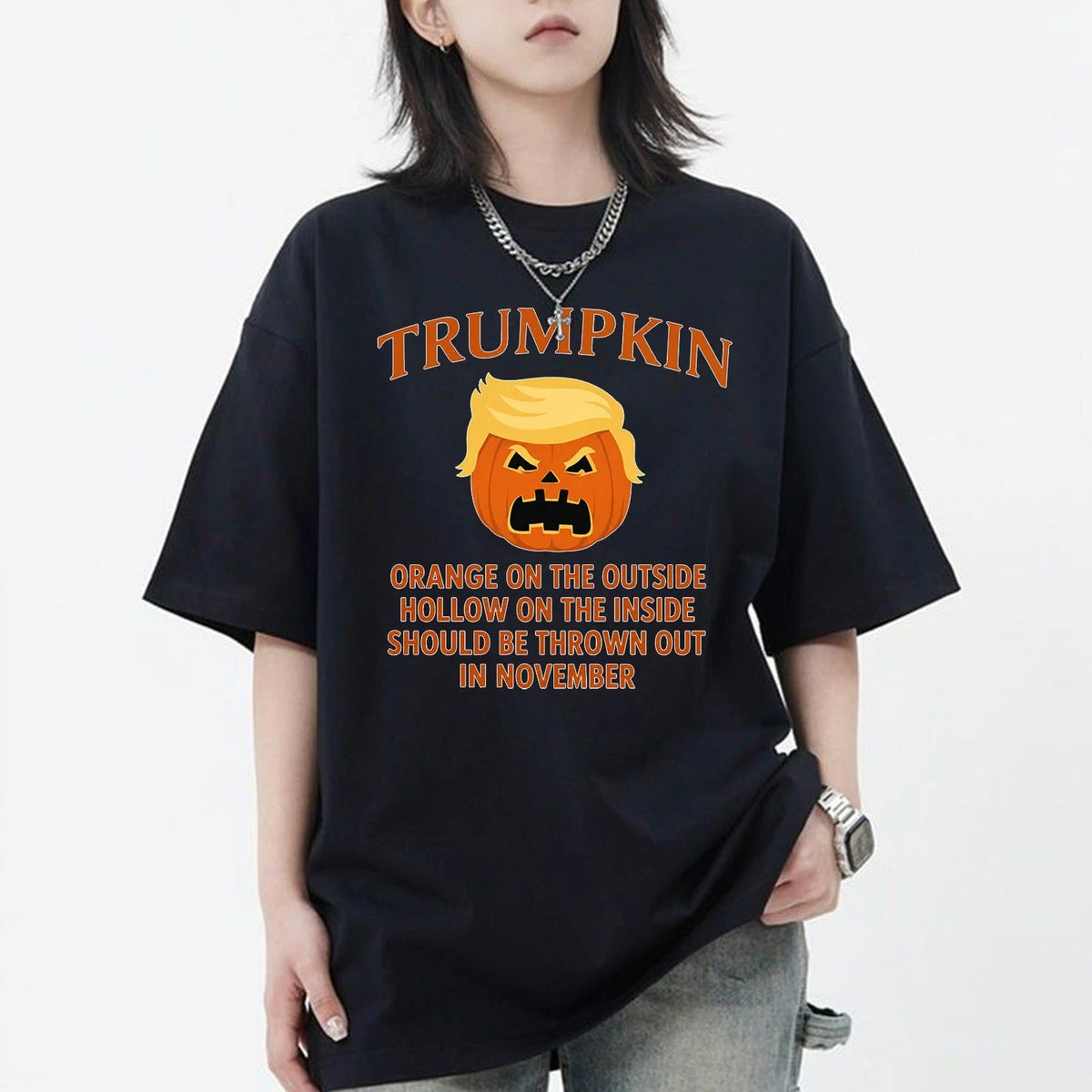 Black Trumpkin graphic tee shown on a female model