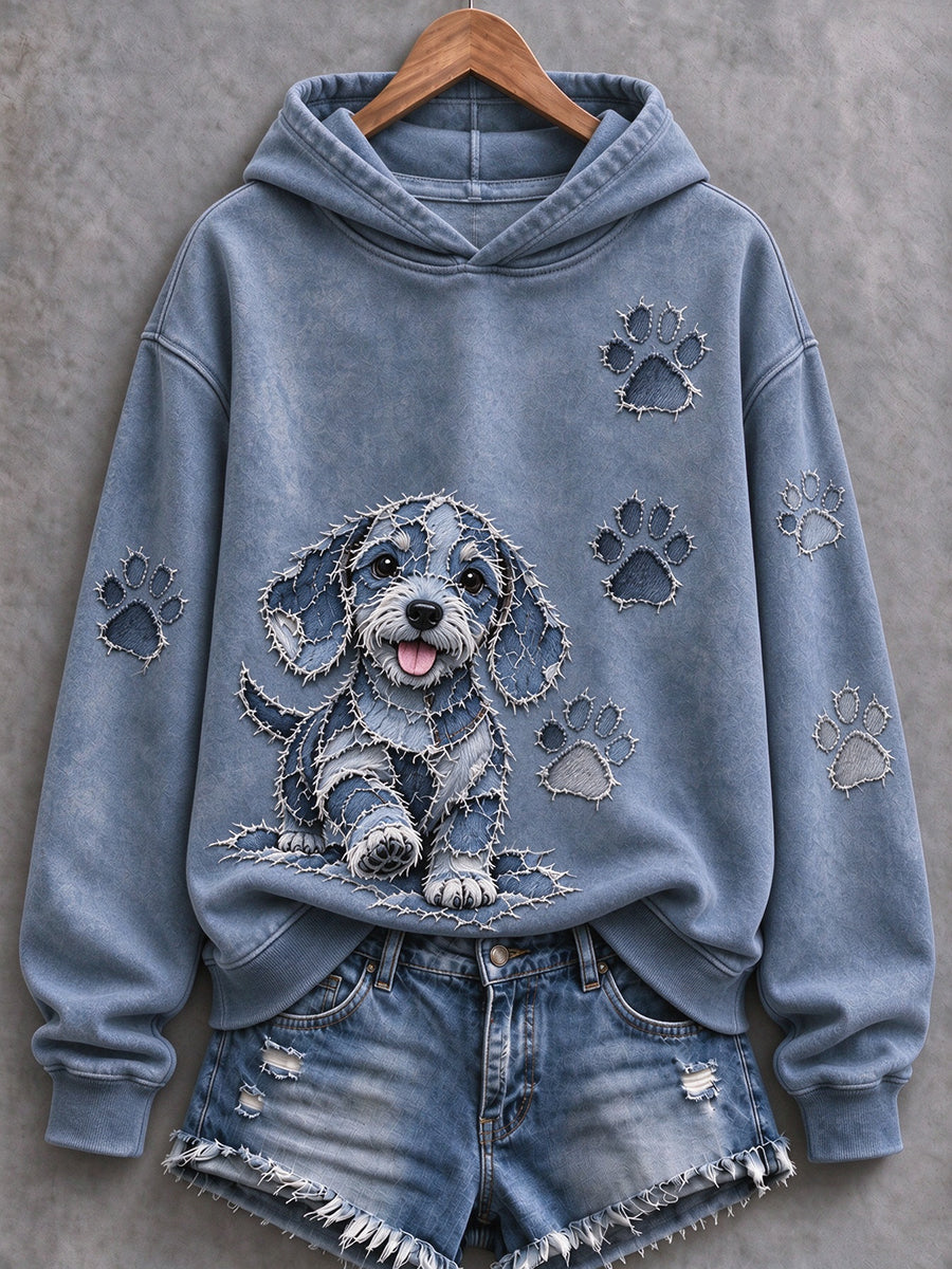 Women's Dachshund & Paw Prints Patchwork Print Casual Hoodie