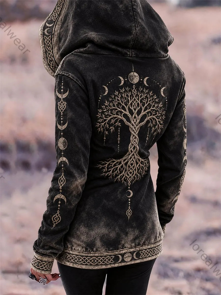 Women's Vintage Viking Tree of Life Moon Phase Celtic Knot Print Full Zip Hoodie