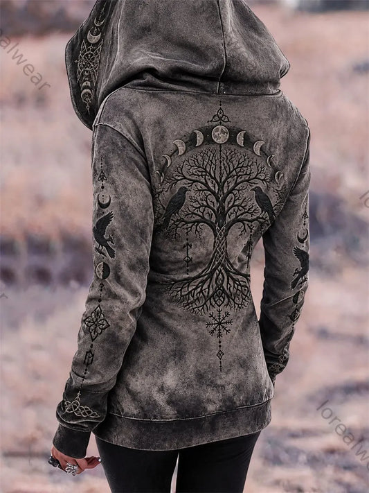 Women's Vintage Viking Tree of Life & Ravens Moon Phase Celtic Knot Print Full Zip Hoodie