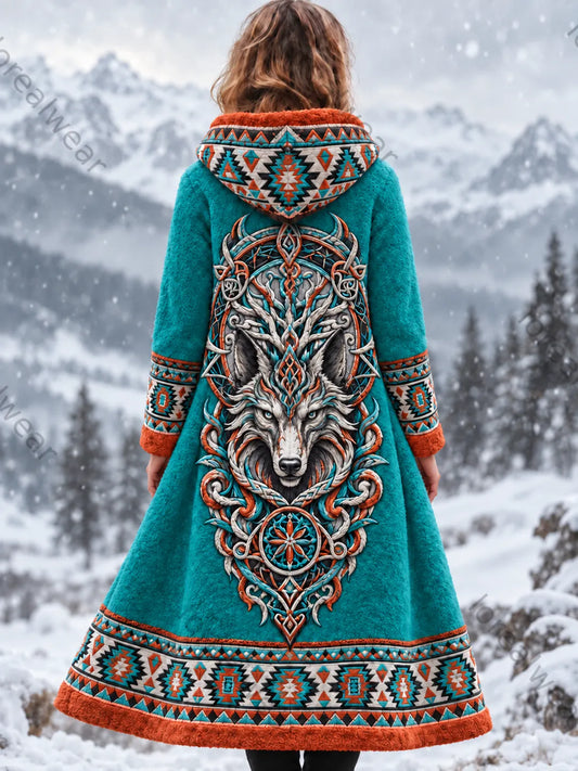 Women's Vintage Viking Wolf Head Aztec Thick Flannel Jacket