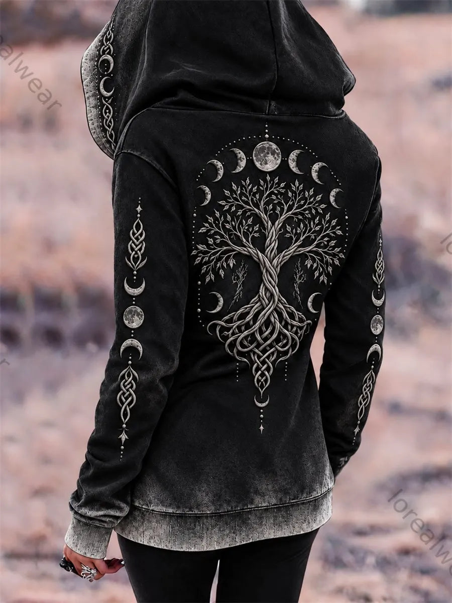 Women's Vintage Viking Tree of Life Moon Phase Celtic Knot Print Full Zip Hoodie
