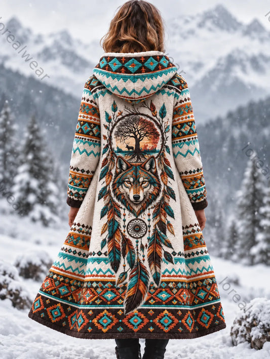 Women's Vintage Viking Wolf Head Aztec Thick Flannel Jacket