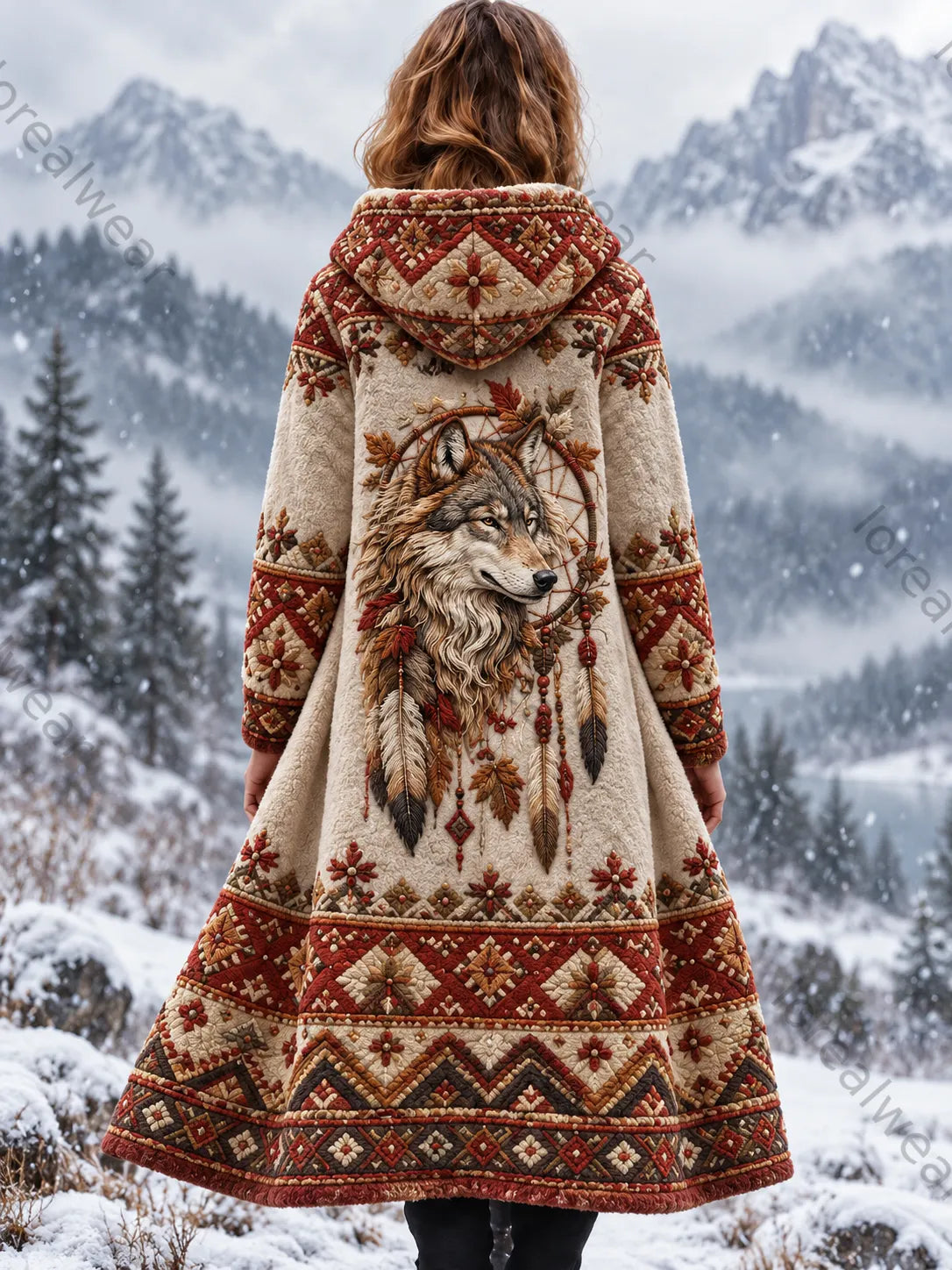 Women's Vintage Viking Wolf Head Aztec Thick Flannel Jacket