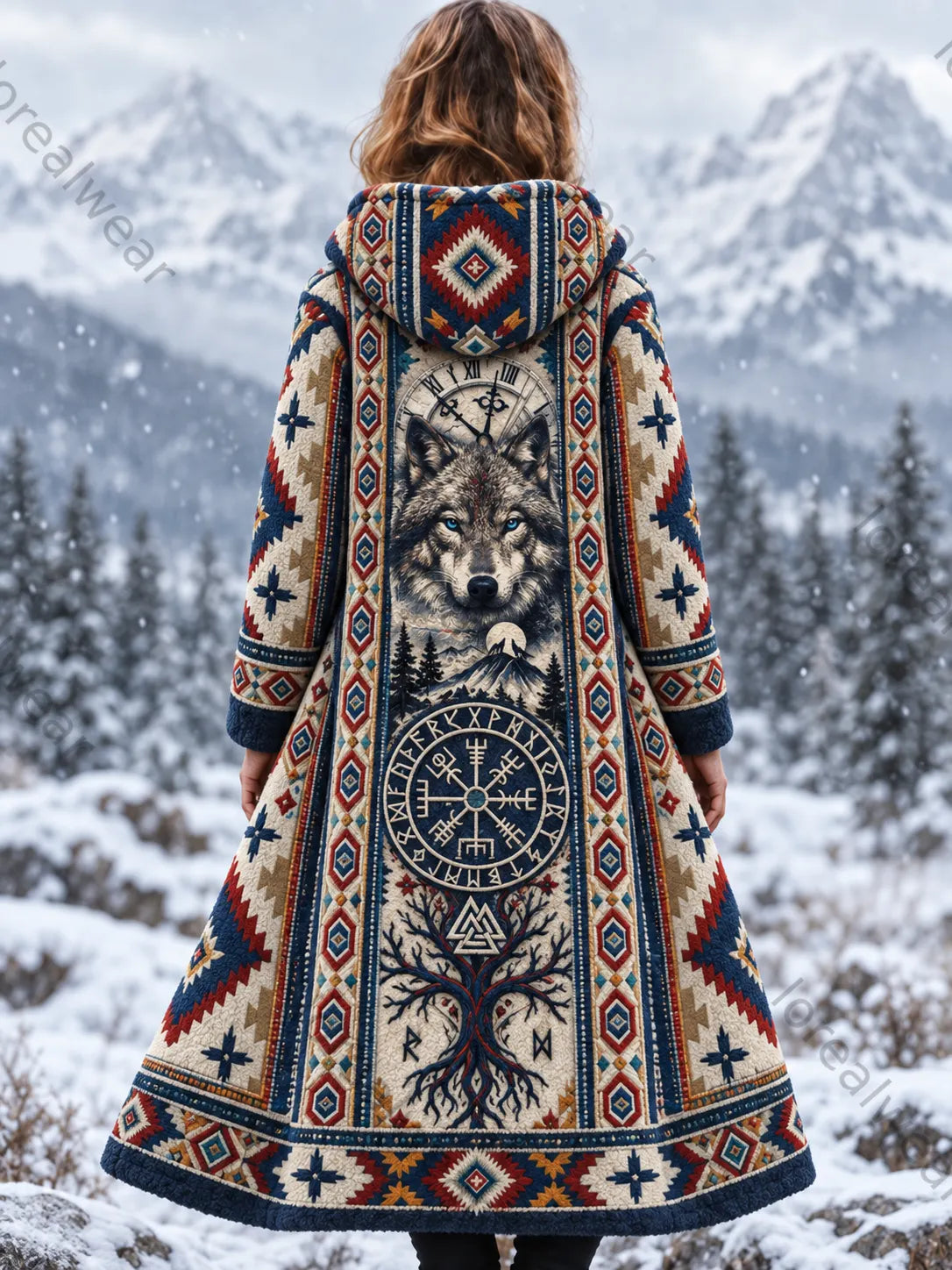 Women's Vintage Viking Wolf Head Aztec Thick Flannel Jacket