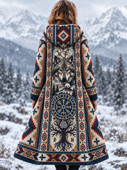Women's Vintage Viking Wolf Head Aztec Thick Flannel Jacket