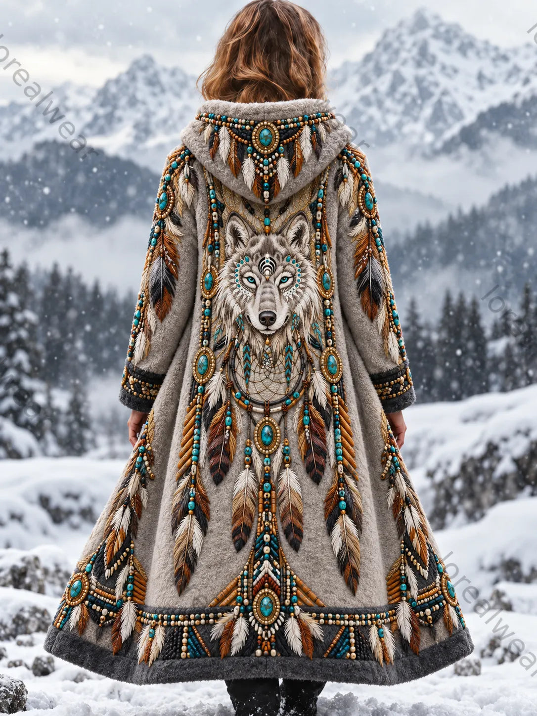 Women's Vintage Viking Wolf Head Aztec Thick Flannel Jacket