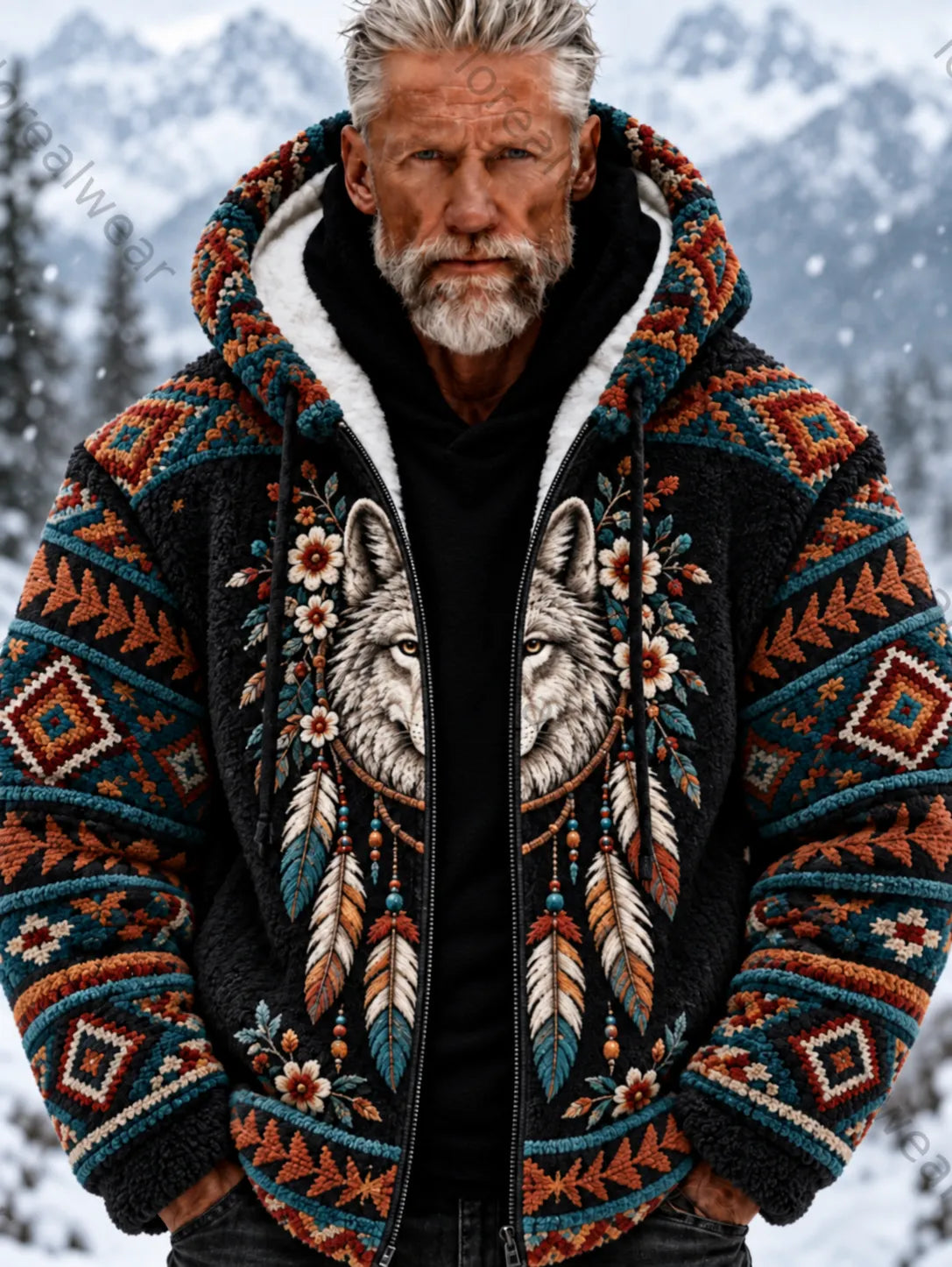 Men's Vintage Viking Wolf Head Aztec Thick Flannel Jacket